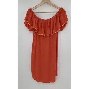 Just Cover Me Swim Dress Sz L Coral Orange Coverup Kaftan Off‎ Shoulder Ruffle